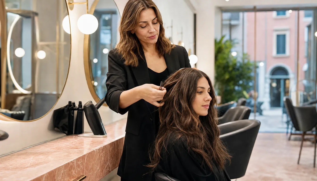 Giada sistema le onde a una cliente davanti agli specchi tondi