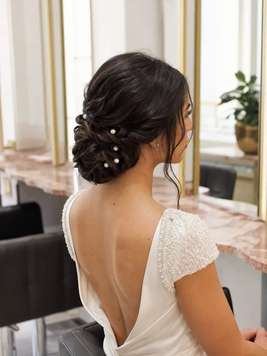 Acconciatura raccolta da sposa con forcine di perle
